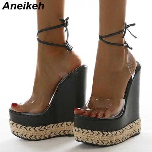 Aneikeh Fashion PVC Summer Women Shoes Transparent Patchwork Cane Sexy Rome High Heels Platform Wedges Party Sandals 35-42 Black