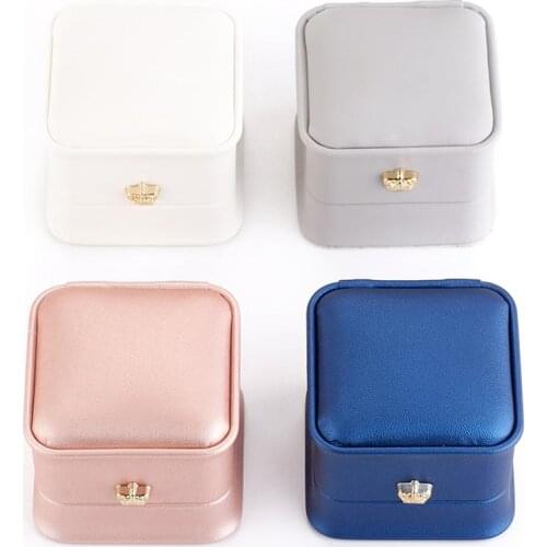 PU Leather Ring Gift Boxes Jewelry Storage Case with Golden Plated Iron Crown & Velvet Inside for Wedding Square 5.85x5.8x4.9cm