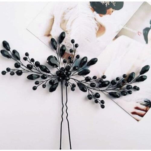 Floralbride Handmade Black Color Rhinestones Crystals Bridal Hair Pin Wedding Hair Sticker Women Jewelry Hair Accessories