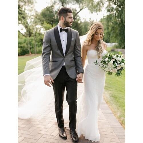 ANNIEBRITNEY Grey 2 Piece Skinny Fit Tuxedo Groom Suits For Men Wedding 2020 Fashion Prom Wedding Slim Fit Men Suit With Pants