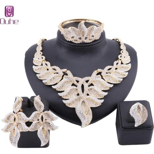 Women Girl Wedding Accessories African Beads Jewelry Set Costume Gold Color Full Rhinestones Crystal Necklace Jewelry Sets