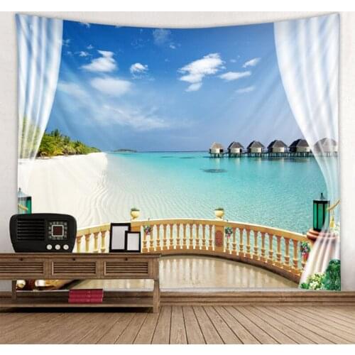 Sea view tapestry beautiful window sea view printing wall hanging hippie tapestry living room bedroom decoration tapestry