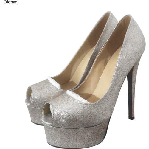 Olomm New Women Platform Pumps Glitter Sexy Stiletto Heels Peep Toe Gorgeous Silver Gold Party Shoes Women US Plus Size 5-20