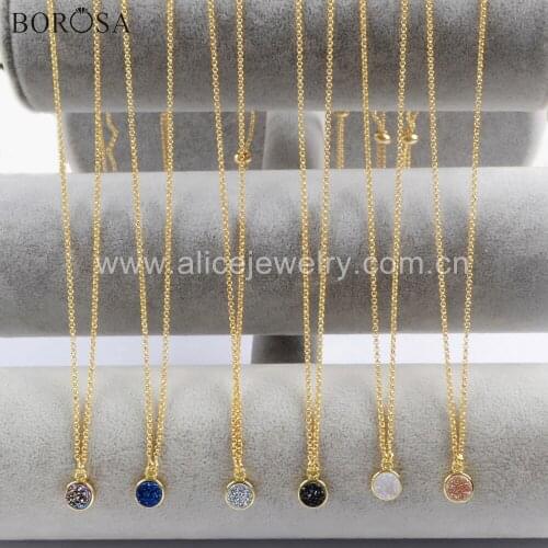 BOROSA 5PCS Women Necklace Rainbow Titanium Druzy Agates Pendant Necklace Gold Chains for US European Jewelry ZG0369
