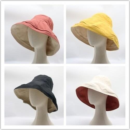 Bucket hats women big brim 15cm solid double side foldable sun hats cotton yellow black white outdoor sun protection summer hats