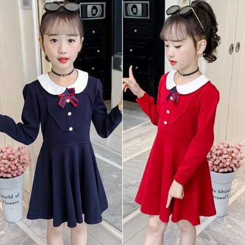 2021 Girls Dress Elegant Peter Pan Collar Autumn Kids Dresses for Girl Long Sleeve Princess Dress 3 4 6 8 10 12 Years Children