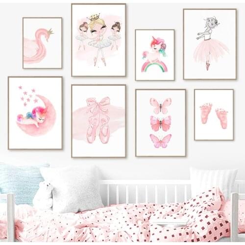 Pink Ballet Girl Swan Unicorn Rainbow Butterfly Wall Art Canvas Painting Nordic Posters And Prints Wall Pictures Kids Room Decor