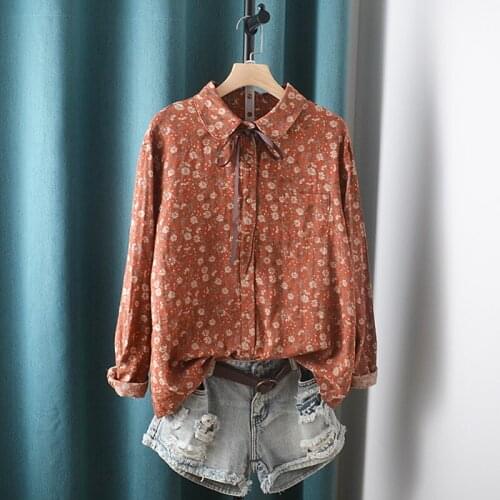 Lamtrip Rustic Flowers Print Peter Pan Collar Long Sleeve Cotton Yarn Sweet Shirt Bow Sash Blouse 2021 Autumn