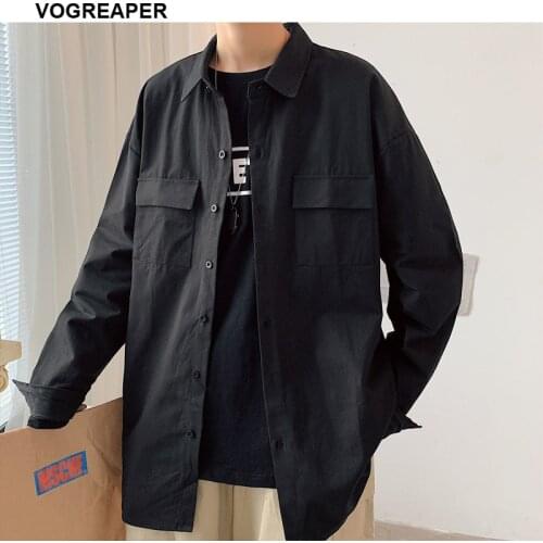 Spring Autumn New Solid Colors Men Korean Fashion Shirts Chest Pockets Black Khaki Harajuku Long Sleeve 100% Cotton Shirt 5XL