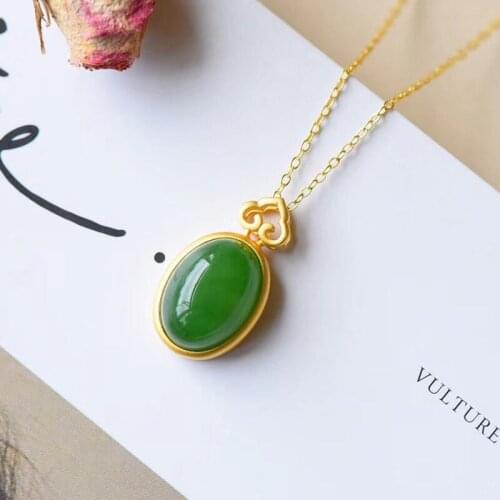 S925 Sterling Silver Natural Hetian Jade Green Jade Pendant Simple Oval Geometric Exquisite Elegant Ornament for Women