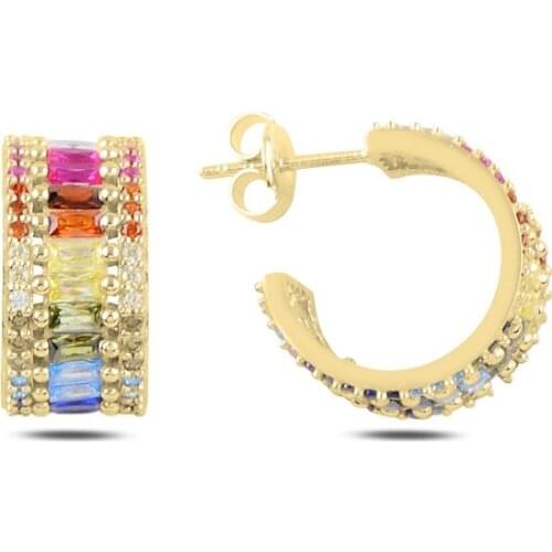 Silver 925 Sterling Colored Baguette Zircon Cubic Zirconia Tamtur Earrings