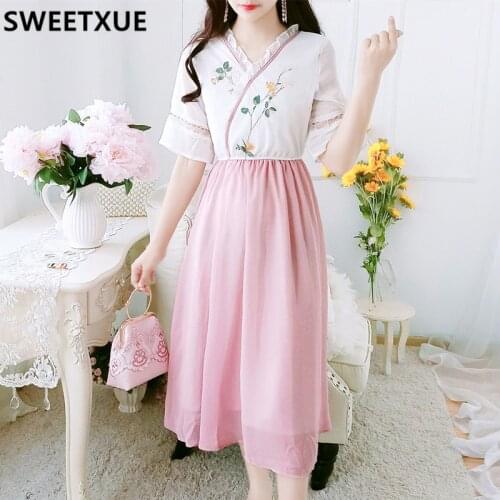 SWEETXUE Summer New Vintage Chinese Style Retro Chiffon Dress Super Fairy V-neck Embroidery Hanfu Cheongsam Lovely Dress