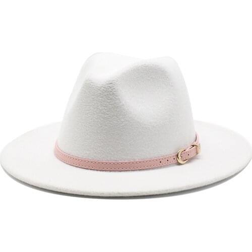 Seioum 2020 Wide Brim Fedora Hat Women Men Imitation Wool Felt Hats with Metal Chain Decor Panama Fedoras Chapeau Sombrero