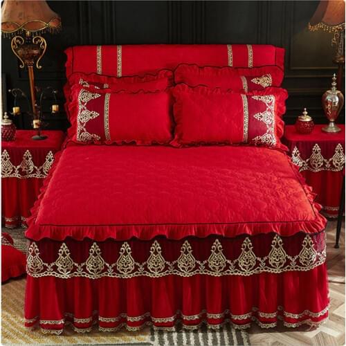 Thicker Warm Quilted Wedding Bedspread Fitted Sheet Pillowcases Solid Cotton Princess Lace Bedding Bed Skirt King Queen Size