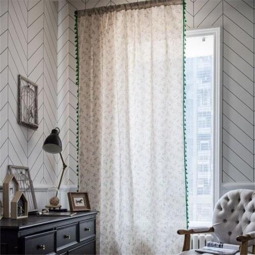 1.5M Width Green Tassel Curtain Floral Print Household Living Room Kitchen Curtain Cotton Linen Semi-shading Bay Window Curtain