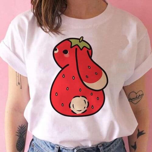Kawaii Red Strawberry Bunny Printed Women T Shirt Versatile Animated Animals Exquisite Camiseta T-shirt Casual Tumblr Mujer
