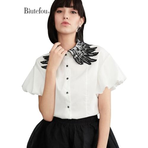 【Biutefou】Original Design 2021 Summer Women Swan Feather Embroidery Collar Puff Sleeve Slim Shirt