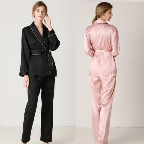 Womens Rayon Silk Solid color Pajamas Sexy Sleepwear Set Pajama 2Piece/Suit Top Belt Long Sleeve Pant Lingerie Homewear Robe