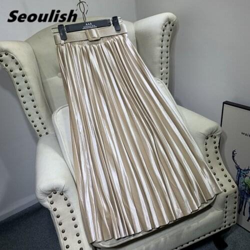 Seoulish Womens Velvet Pleated Skirts with Belted New 2021 Autumn Winter High Waist Solid Korean Style Chic Long Skirts Female