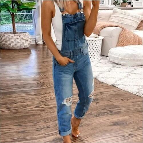 Womens Long Overalls Pants Solid Color Ripped Suspenders Denim Trousers With Pockets Ladies Casual Straight Long Jean Pants