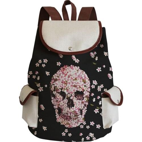 Small Floral Skull Print Handbag Personality Fashion Womens Backpack Eco Large Capacity Storage Bag Halloween Foldable Book Bag
