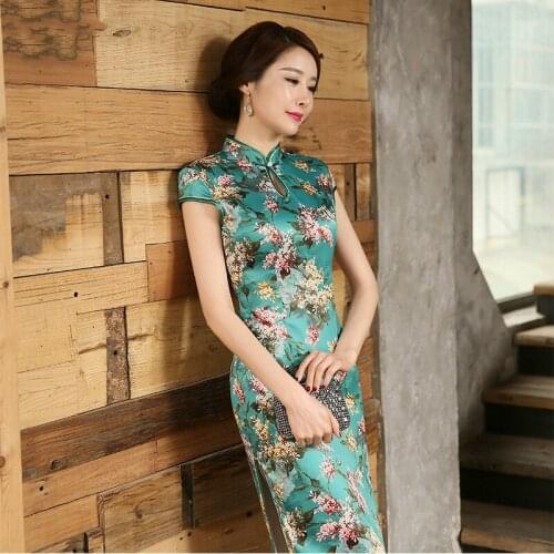 The Super Quality New Long Cheongsam Dress For Performance and Daily Cheongsams Short Sleeves Printing Floral Cheongsams