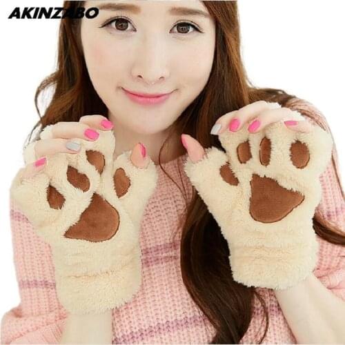 Cartoon cat paw gloves for men and women in winter Korean cute girls fingerless thick warm bear paw plush half-finger gloves