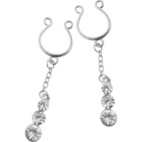 2pcs Punk Fake Rings Crystal Dangle Non-pierced Stainless Steel Stud