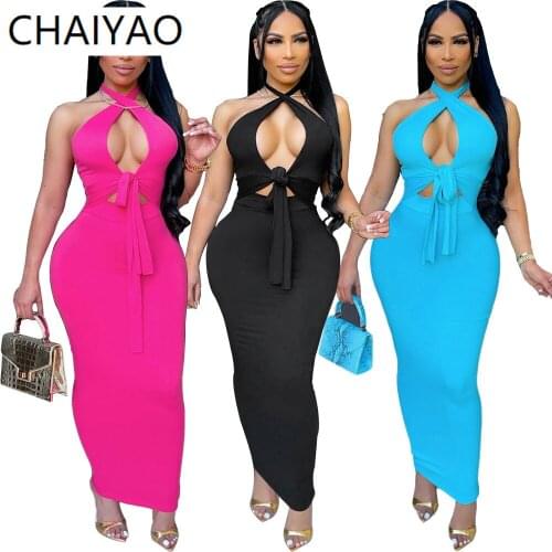 21WJ5226 Wholesale Items Solid Color Womens Halter Dress Backless Bodycon Dress Plus Size Hollow Midi Dresses for Women