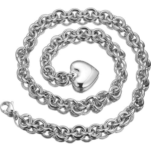 8mm Stainless Steel Oval Rolo Link Polished Chain Heart Pendant Silver Color Necklace Or Bracelet Womens Jewelry Gift 7"-40"