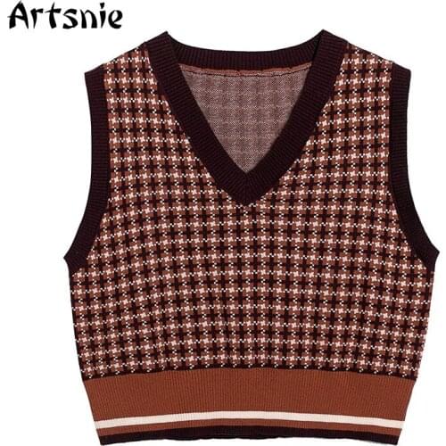 Artsnie Vintage Plaid Sweater Vest Women V Neck Sleeveless Pull Femme Spring 2021 Streetwear Casual Ladies Sweater Vest Female
