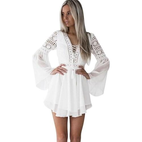 Hollow Out Chiffon Dress Sexy Women Mini Dress Criss Cross Bandage Lace Semi-sheer Plunge V-Neck Long Sleeve Dress Solid Lady