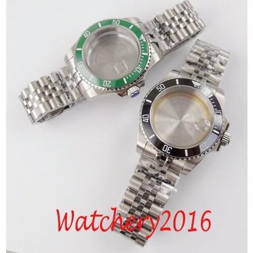 BLIGER Sub Steel 40mm Watch Case for NH35 ETA 2836 MIYOTA 8215 Sapphire Glass Jubilee Bracelet Seeing/Mental Back Green Insert