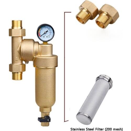 Household 1/2" 3/4" 1" Preposition Copper Pipe Strainer Filter Incrustation Water Purifier 200 Mesh with Pressure Gauge