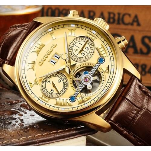 Luxury Gilded Watch Men Automatic Self-Wind Sapphire Glass Tourbillon Hollow Dial Brown Leather Band Watches reloj relogio 5 ATM