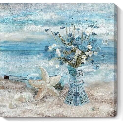 Bathroom Decor Wall Art Blue Beach Picture Ocean Theme Flower Canvas Painting Framed Seaside Artwork Floral Daisy Vase