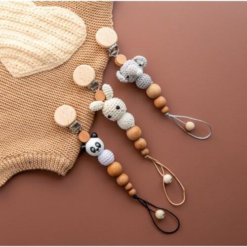 Baby Wooden Pacifier Chain Clip Wood Teether Wooden Beech Crochet Bunny Beads Rondent Rabbit Nurse Accessories Gifts For Kid Toy