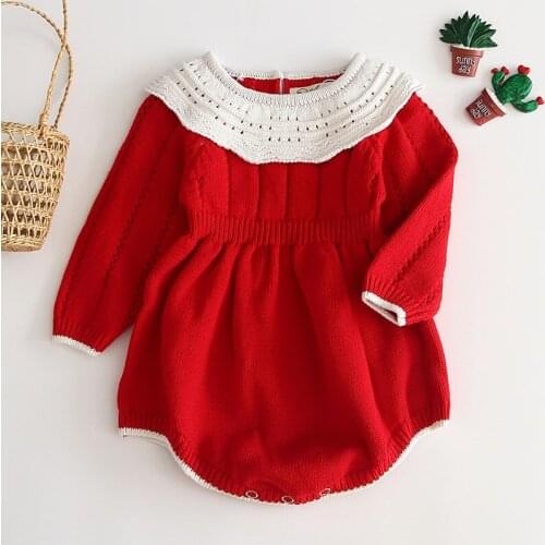 0-3Yrs Spring Autumn Doll Collar Baby Girls Long Sleeve Pure Color Rompers Jumpsuit Clothes Kids Baby Girl Knit Clothes Rompers