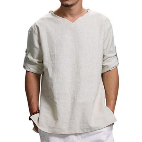 Men T-Shirt Stylish Skin-friendly Solid Color Cotton Blend Male V-Neck Three-quarter Sleeve Loose Tops Oversize футболка мужская