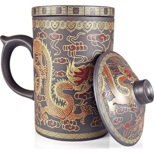 Chinese Tea Mug with Infuser and Lid 10Oz Chinese Yixing Purple Clay Dragon Tea Infuser Mug with Lid Mug Retain Heat Very Well