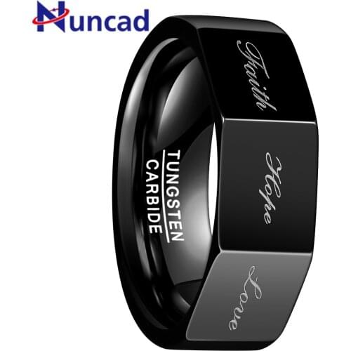 Black Color 8MM Wide Polished Three-sided Lettering Faith Hope Love Tungsten Steel Ring Men Carbide Party Ring