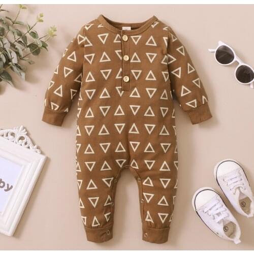 0-18M Newborn Baby Romper Triangle Print Long Sleeve O-neck Jumpsuit Spring Autumn Buttons Down Casual Long Romper for Boy Girls