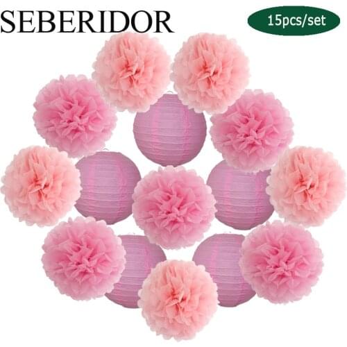 15pcs/Set 6“ 8” 10“ 12” Round Paper Lanterns White Pink Blue Paper Pompoms For Baby Birthday Party Mi Primera Comunion Decor