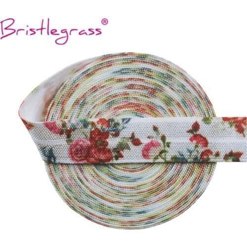 BRISTLEGRASS Wholesale 50 Yard 5/8" 15mm Butterfly Flower Print FOE Fold Over Elastics Spandex Satin Bands Hair Tie Dress Sewing