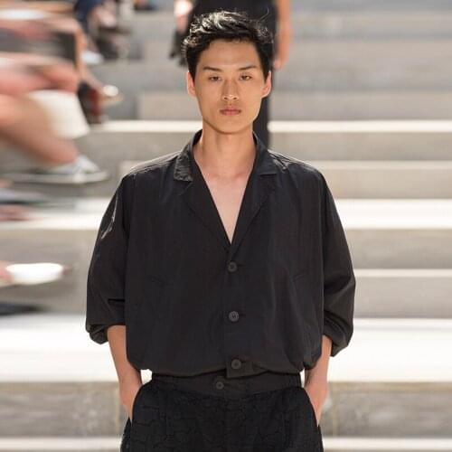 2021 Men summer Cuban neck cool, easy to wear, simple, leisure, long sleeve shirt, pocket, personality shirt