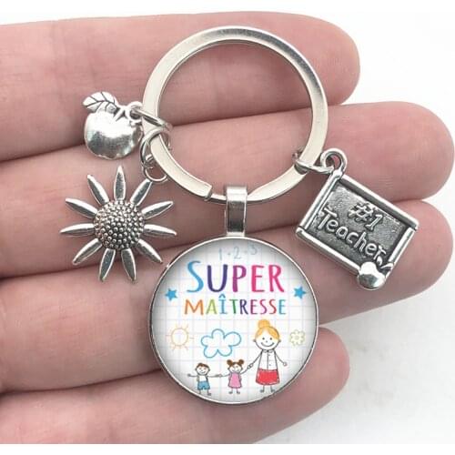 New teachers day gift keychain jewelry thank you teacher cute pattern pendant glass round charm bag keychain souvenir