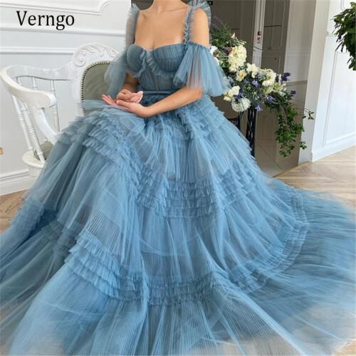 Verngo Gorgeous Dusty Blue Ruffled Tulle Evening Dresses Long A Line 2021 Off Shoulder Sleeves Tiered Floor Length Prom Gowns