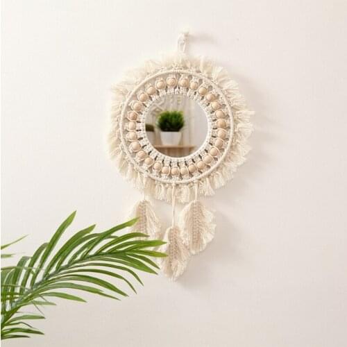 Woven Hanging Wall Mirror Boho Macrame Leaf Pendant Art Decoration for Apartment Living Room Bedroom Baby Nursery