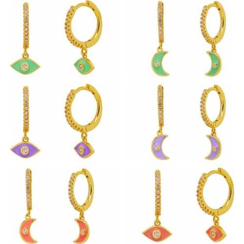 925 Silver Ear Buckle Moon and Lucky Eye Hoop Earring Candy Color Dripping Earrings For Women Girls CZ Pendant Earring Jewelry