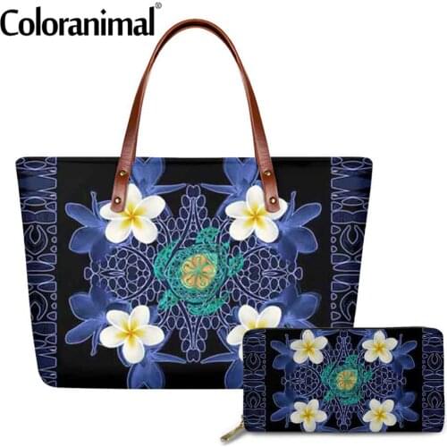 Coloranimal Pretty Tribal Polynesian Boho Plumeria 2Pcs/Set Handbag&Wallet for Women Protable Shoulder Bag Tote Messenger Bag
